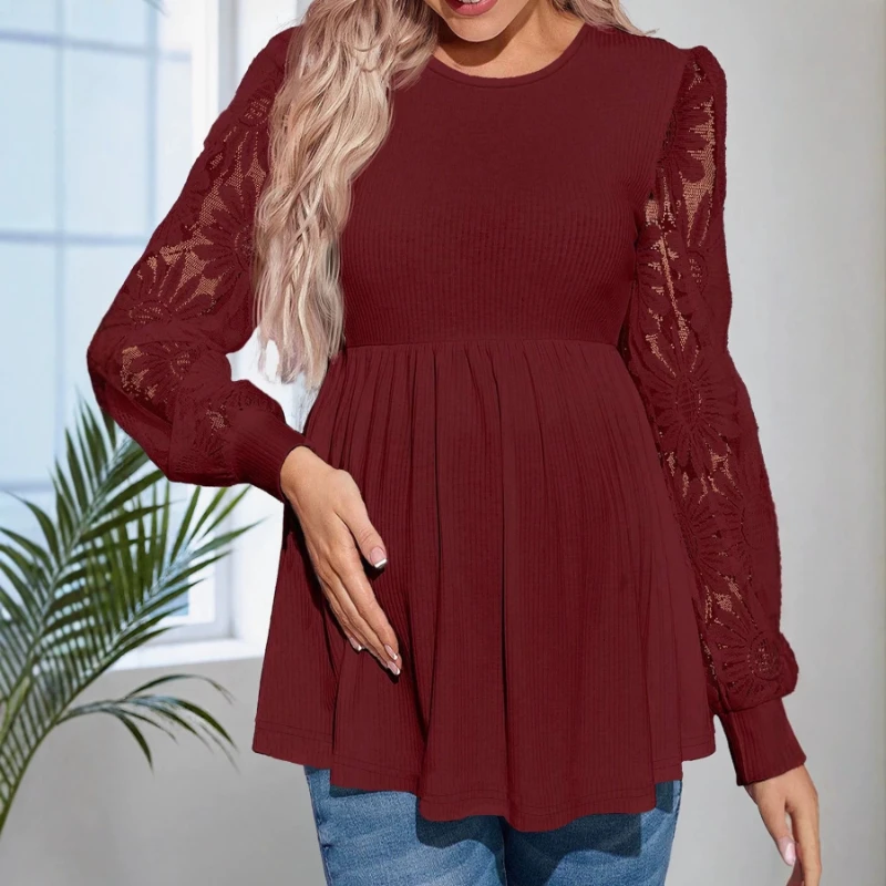Pregnant Women's Spring and Autumn Lace Patchwork Long Sleeved Round Neck Doll Shirt Loose and Versatile Belly Support T-shirt
