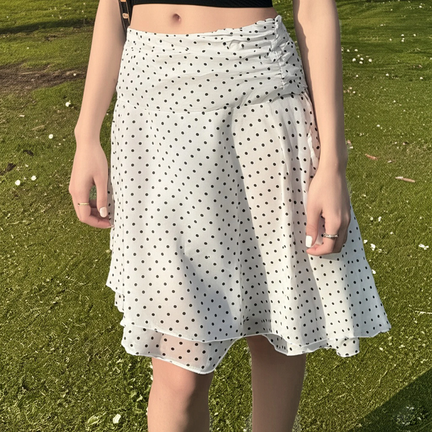 

[RUOKE] Elegant Vacation Polka Dot A Line Skirt Women Ruffle Wrap Midi Skirt Spring Summer Casual Vintage Streetwear Office Lady