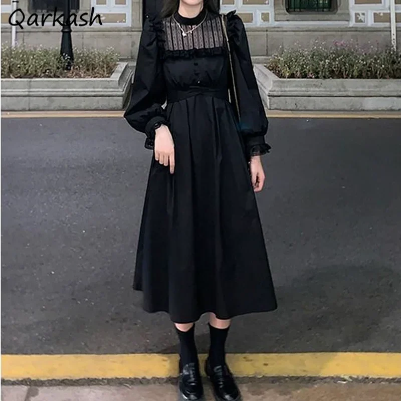 Dresses Women Solid Vintage Y2k Casual Style Tunic Fit Mid-calf Elegant High Street Ulzzang Slim Party Autumn Basic Vestidos New