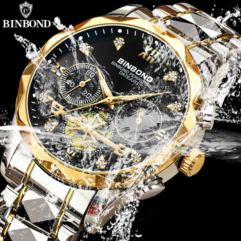 BINBOND Luxury Man Wristwatch Waterproof Luminous Chronograph Watch for Men Stainless Steel Men\'s Quartz Watches reloj hombre