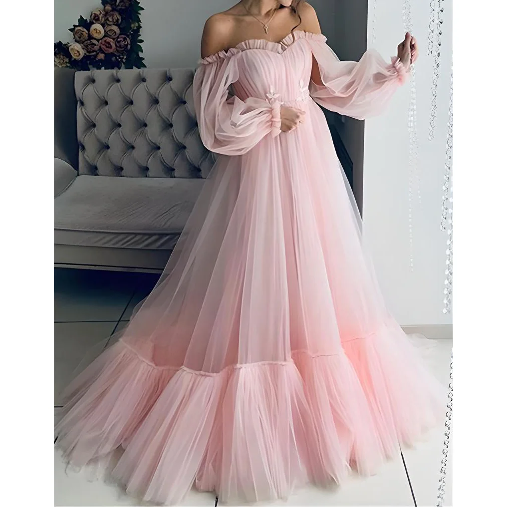 Women Elegant Off Shoulder Overlay Tulle Bridal Ball Gowns Solid Puffy Mesh Wedding Dress Long Evening Dress Large Hem Design