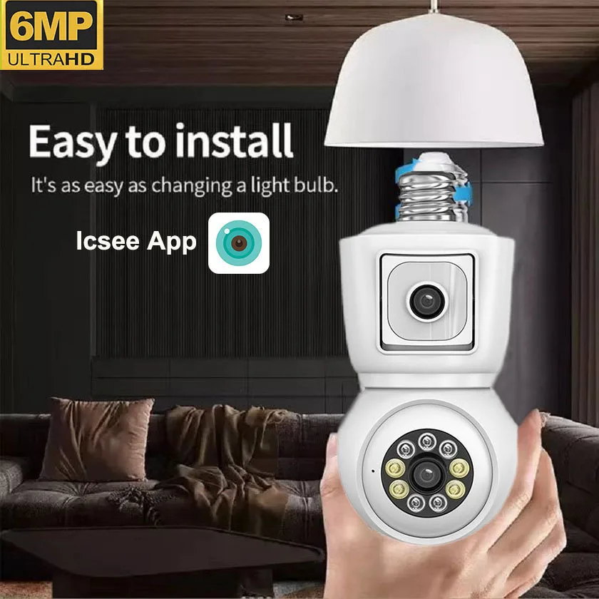 ICsee E27 6MP Bulb WiFi Camera Dual Lens Dual Screen Auto Tracking Two Way Audio Color Night Vision for Indoor Security Camera