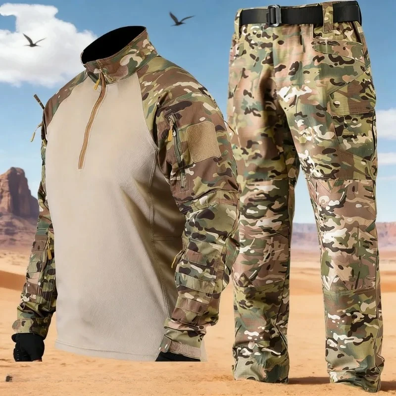 Outdoor training combat suit, men's long-sleeved frog suit, multi-pocket tactical overalls two-piece set
