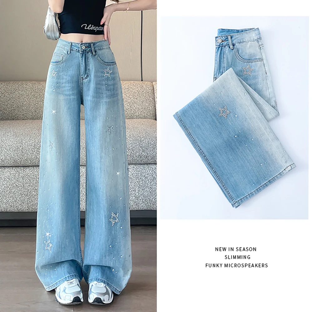 

Trendy Gradient Diamond Jeans for Women Fashion High Waist Straight Loose Rhinestone Denim Pants Y2K Casual Trousers Outfit