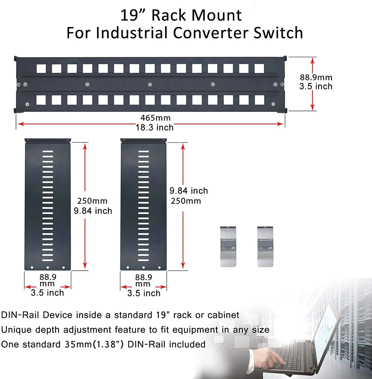 19 Inch Adjustable Rackmount Din Rail Aluminum Case Chassis in Cabinet Bracket for 35mm Din-Rail Mount Devices