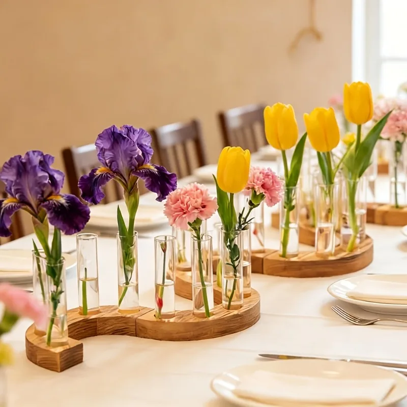 Solid Wood Test Tube Vase Set S-Shaped Wooden Flower Stand Ring Hydroponic Plant Flower Stand Shaping Home Restaurant Decoration