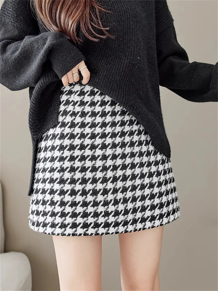 Retro Plaid Woolen  Skirt Women's Autumn plus Size High Waist Slimming Anti-Light Versatile Bodycon Skirt Half-length Skirt