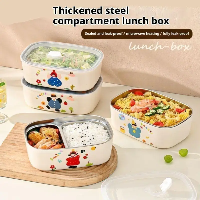 1Pc Cartoon Pattern Heat Preservation Lunch Box Microwaveable Stainless Steel Partitioned Lunch Box For Student Office Use..