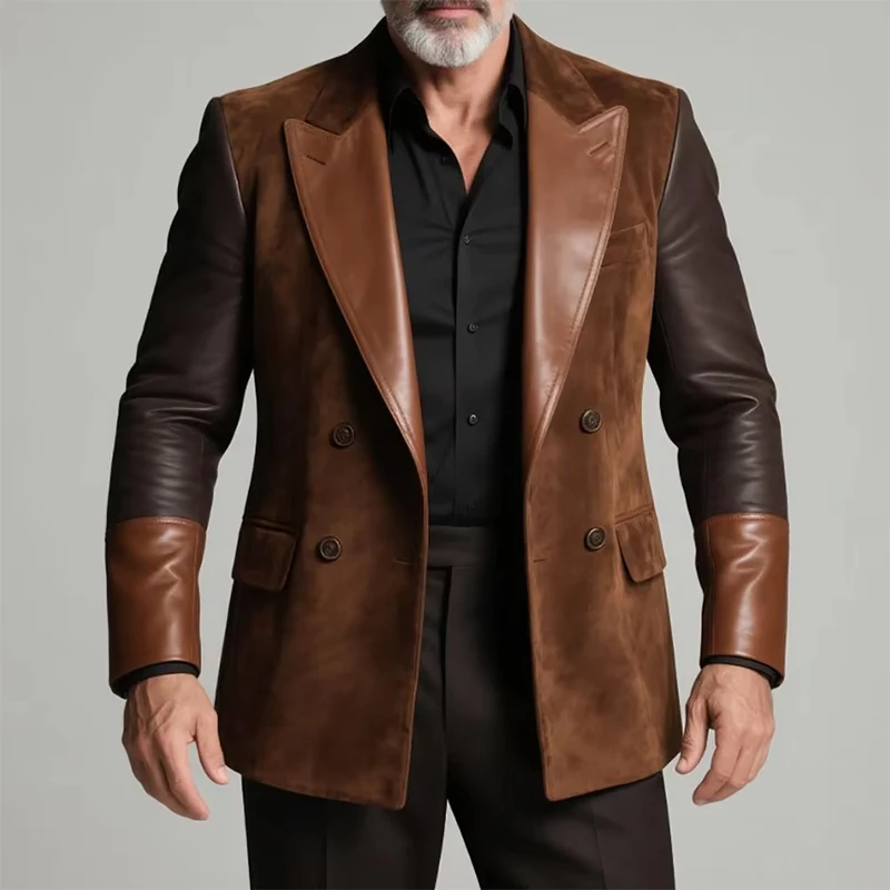 Men's Faux Suede Patchwork Pu Leather Elegant Blazer Brown Peaked Double-breasted Designer Formal Suit Coat Male Business Blazer