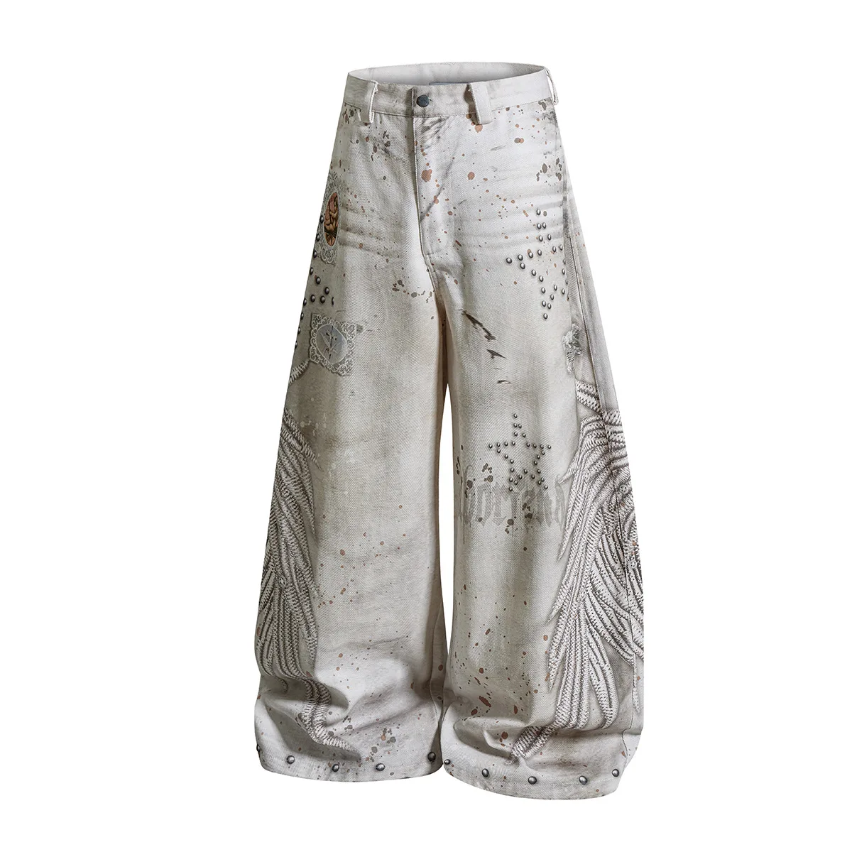 MWJLPWQ American Street Style Trendy Personalized Jeans New Curved-Leg Loose Wide-Leg Long Pants Distressed Vintage-Style 20038