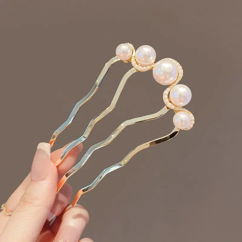 Pearl U-shaped High-end Black Insert Comb Hair Hairpin Antique Style New Chinese Style Hairpin Coiled Hair Hairpin Headpiece