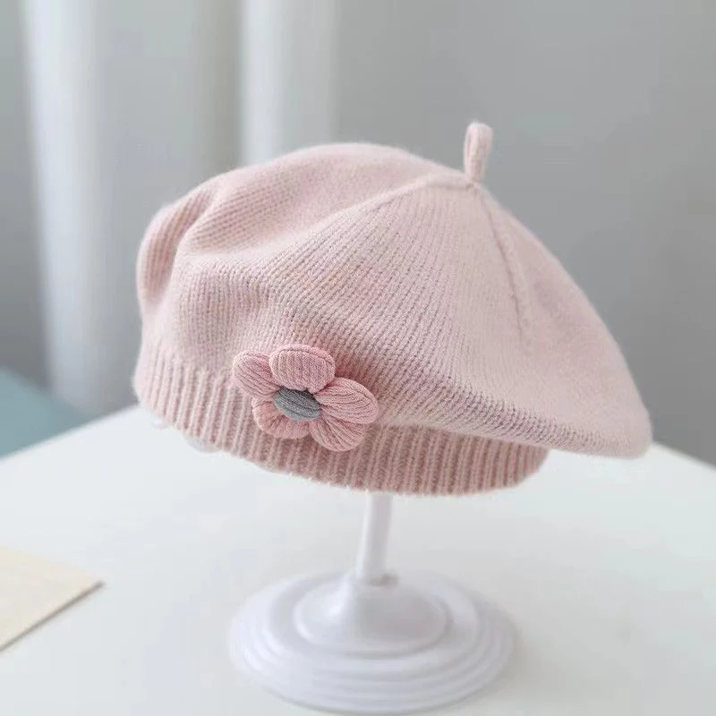 Kids Girl Knitted Hat Flower Beret Cute Flower Princess Artist Painter Cap Solid Color Crochet Hat Spring Warm Children Beanies