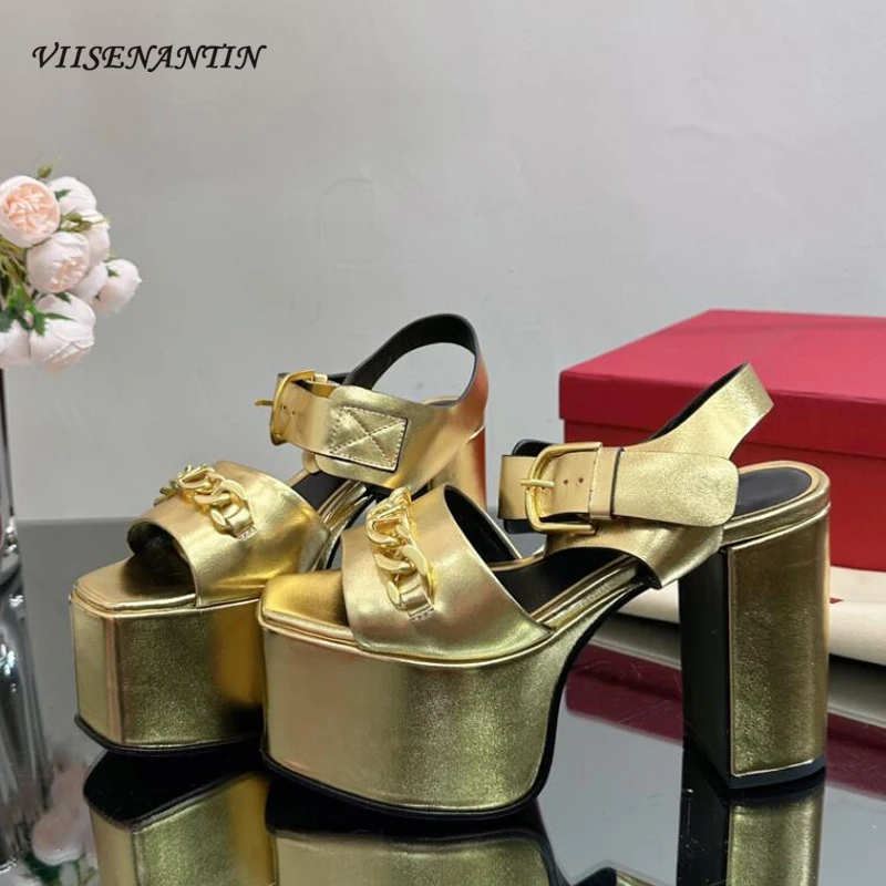 

Super High Sexy Ladies Summer Sandal Shoes Chunky Heel Platform Runway T-show Shoes Metal Chain Strap New Arrival Sandalias