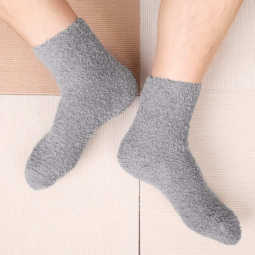 Wen Winter Warm Thicken Socks Fashion Coral Fleece Fluffy Solid Color Loose Sleep Male Bed Short Socks Calcetines Good Quality