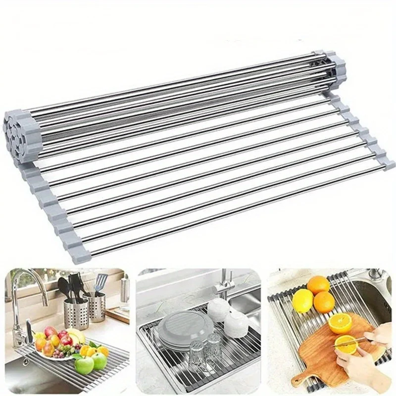 1pc Stainless Steel Kitchen Storage Organizer Bowl Plate Drainer Rack for Sponge Brush Towel Hand Sanitizer and Kitchen Supplies