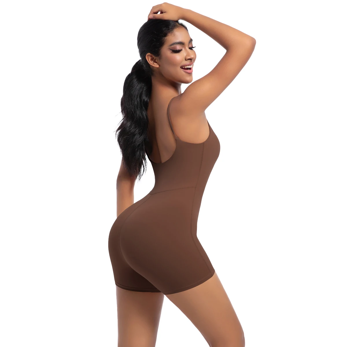 Hochfester Trainings-Stretch-Bodysuit für Frauen, Einteiler, schnelltrocknend, Hüft-Push-Up, Fitness-Shorts, Träger-Jumpsuit – Detail 31