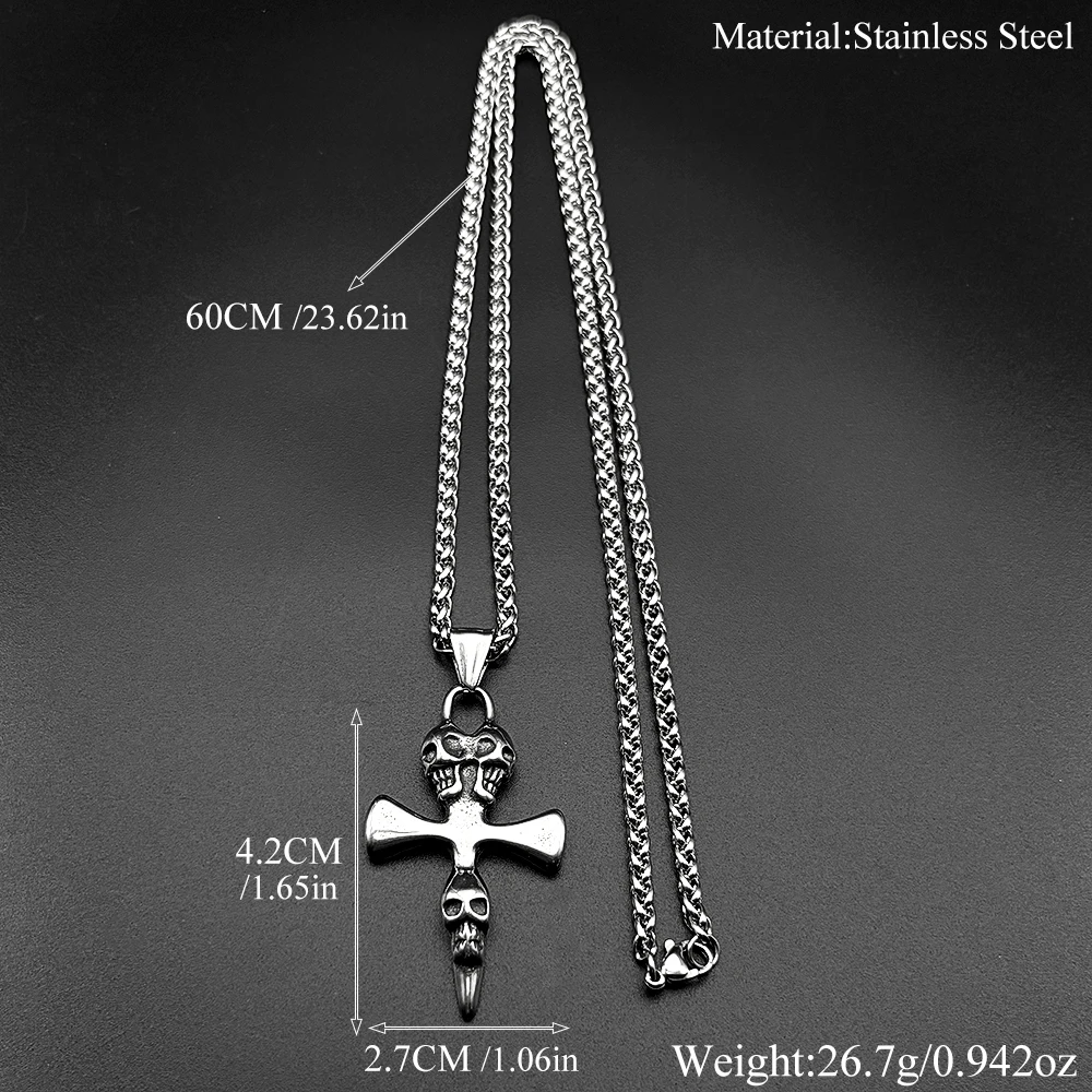 Modische Totenkopf-Kreuzkette für Damen und Herren, Edelstahl, schwarz, Dark-Punk, Heavy-Metal-Anhänger, Halskette, Schmuck, Geschenke – Detail 3