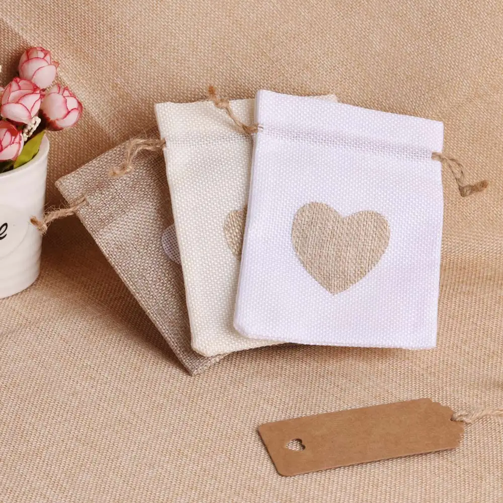 5pcs/lot Heart Linen Jewelry Bag Drawstring Pouch Decoration Pocket For Jewelry Packaging Christmas Wedding Gift Bag