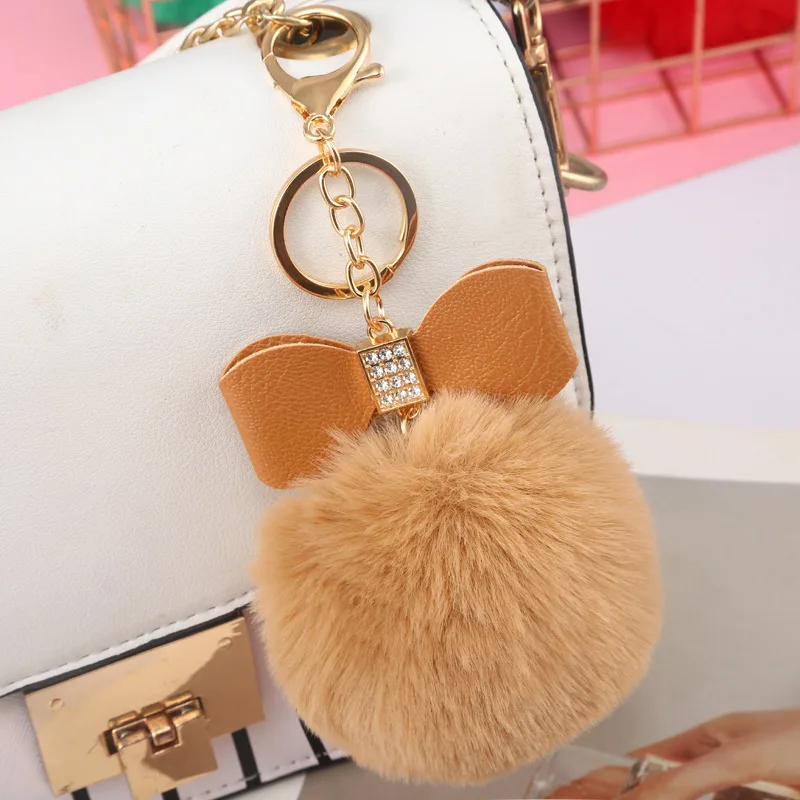 Faux Fur Pom Pom Keychain Women Girls Plush Ball Bag Backpack Pendant Creative Rhinestone Pu Leather Bow Car Keyring GiftS