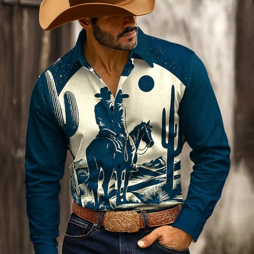 New men's shirt - 3D high-definition printing - Western denim style men's top and plain color casual shirt - Fashionable and cas