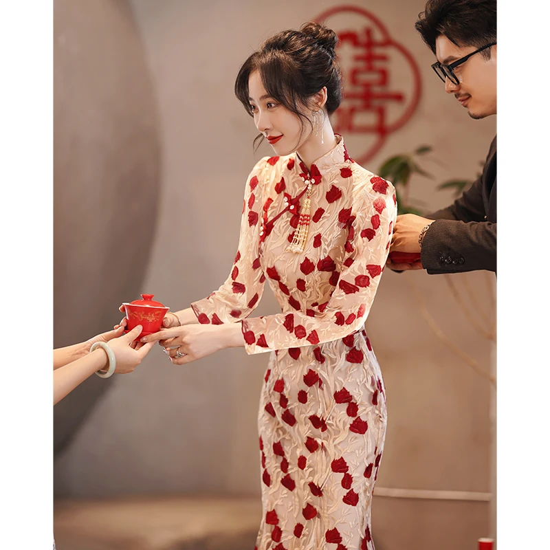 

Bride's Wedding Dr Long Sve Formal Evening Gown Cusizable Chinese Sle Reformed Qipao for Engagement And ...