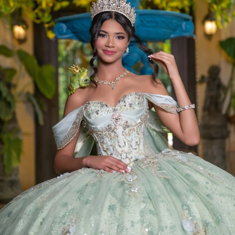 

Shiny Mint Green Quinceanera Dress off-shoulder Glitter Crystal Flower Decal Long tail Bow vestidos de 15 Quinceanera ﻿Customize
