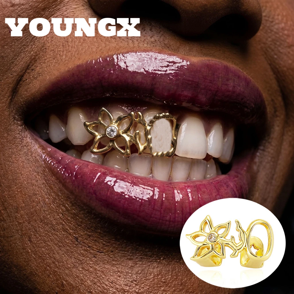 YOUNGX Y2K Vintage Zircon Double Hollow Flower Teeth Grillz Brace Hip Hop CZ Stone Tooth Caps For Unisex Jewelry Dental Grills