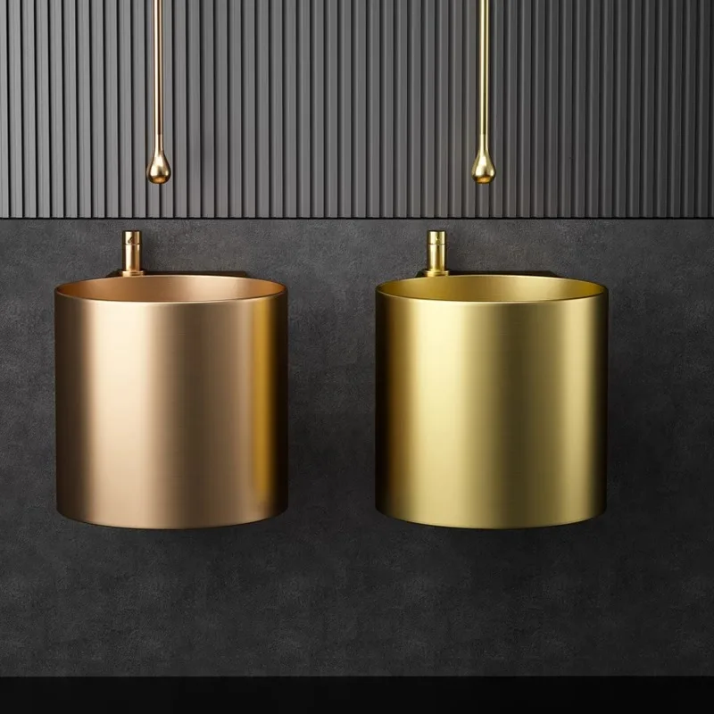 

Luxury Rose Gold Hotel Wash Basin Handmade By Factory Wall Hanging Stainless Steel Sink With Drainer For Bathroom Use