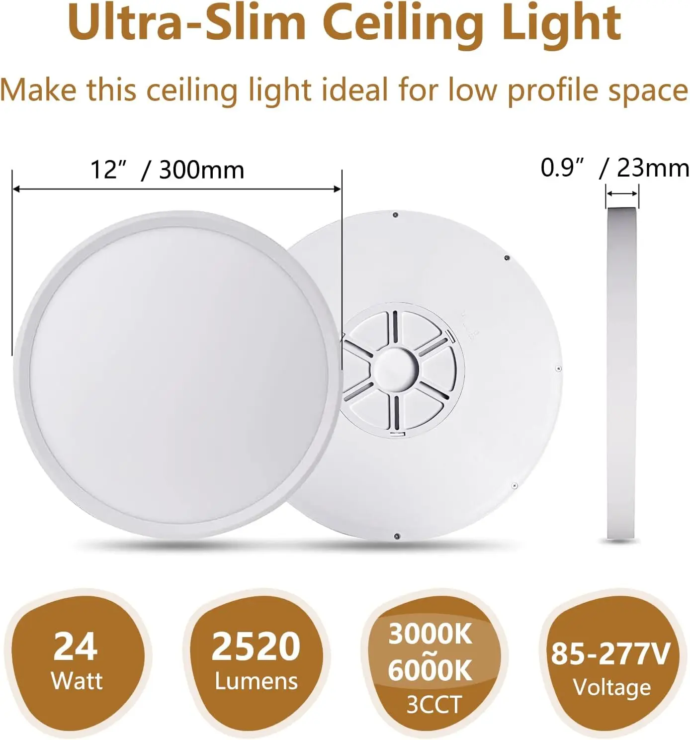 Luz de teto LED Super Slim, Montagem nivelada, 12Pk, 24W, 2520Lm, 3000K, 4000K, 6000K, Cct selecionável, 0, 9 Polegada