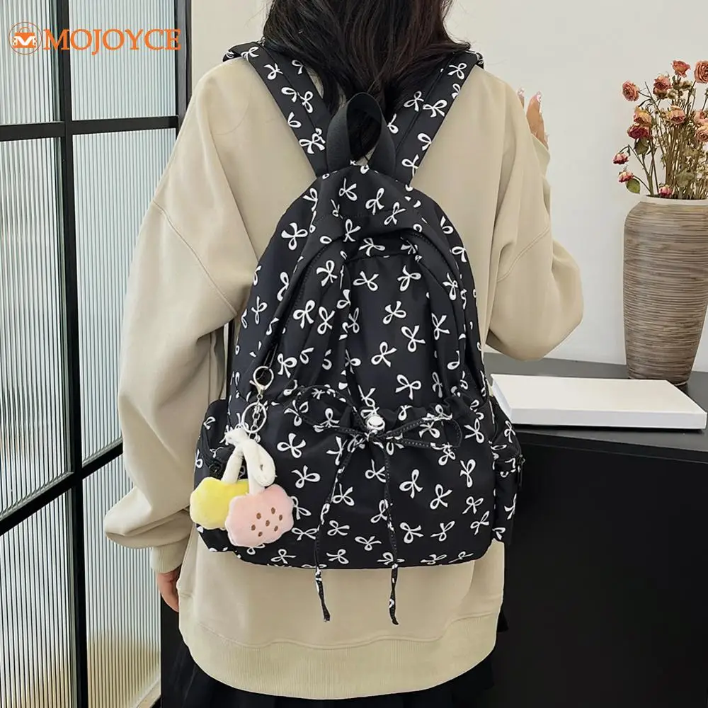 Bow Print Aesthetic School Bags for Girls Nylon Multi Pocklets Fashion Backpacks Large Capacity Pleated Students College Mochila