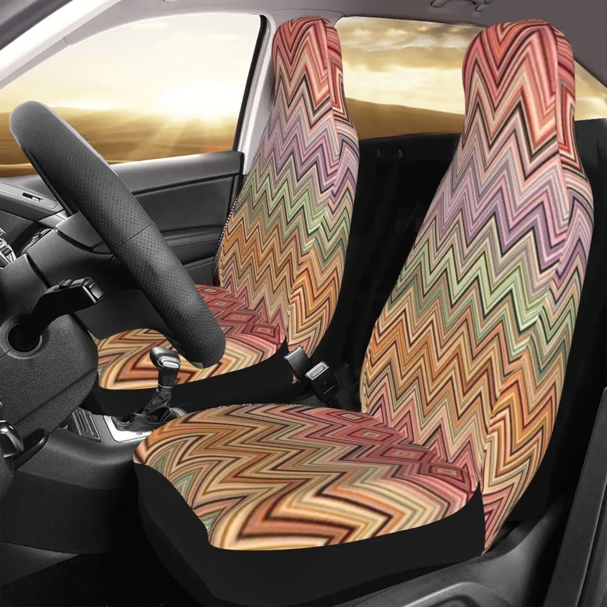 Boho Zig Zag Car Seat Cover Multicolor Modern Automobiles Seat Covers for Cars Trucks or Van Auto Protector Accessories 2 Pieces