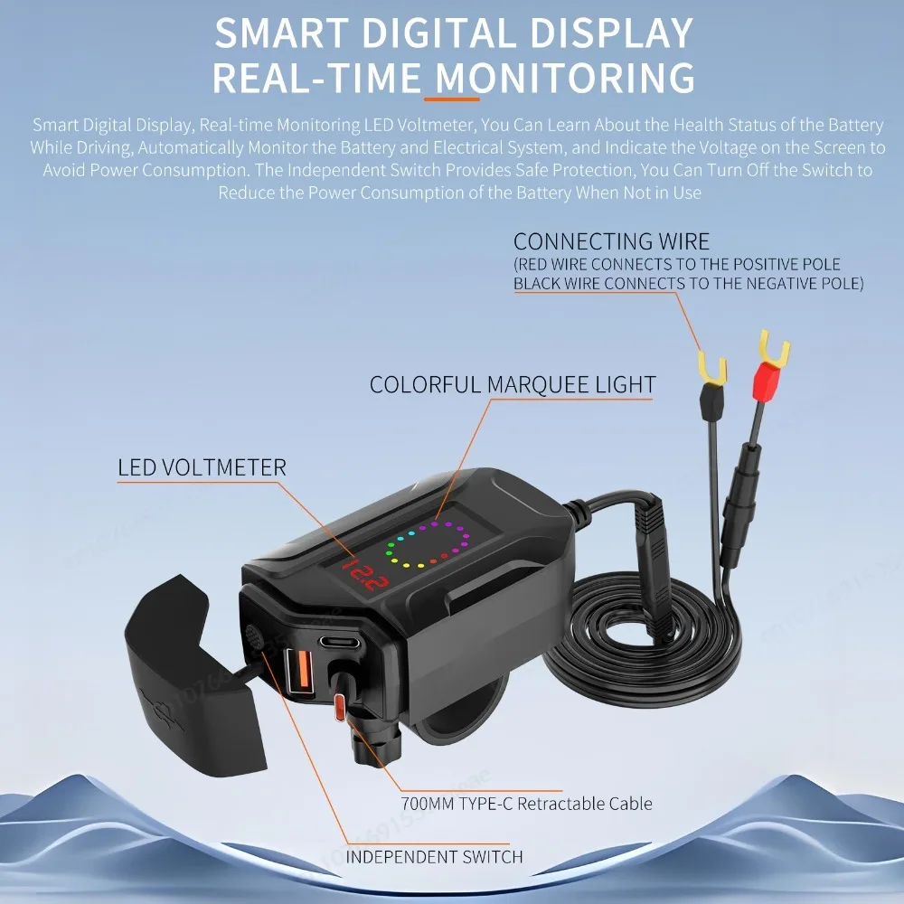 Motorcycle USB Charger, Retractable Type-C & Dual USB Fast Charging, 3-in-1 SAE to USB Adapter, Waterproof for Bike, ATV, UTV 3