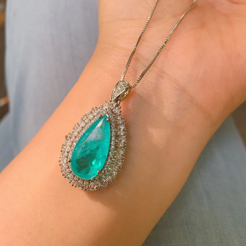 Jewelry Colored Gems European and American Style Necklace Women's Imitation Paraiba Main Stone Water Drop 10*20 Ring Pendant
