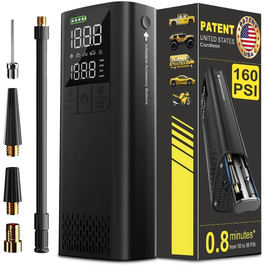 Compressore d'aria portatile per gonfiatore di pneumatici per auto 0,8 minuti Gonfiaggio completo fino a 160 PSI con manometro digitale TypeC Ricarica C
