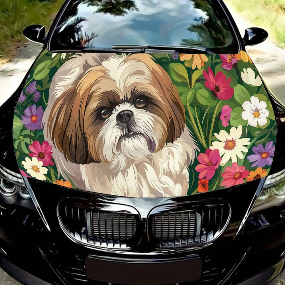 

Ши-тцу играет в цветы Виниловая наклейка на капот автомобиля, наклейка на двигатель автомобиля, водонепроницаемая самоклеящаяся крышка для упаковки автомобиля,