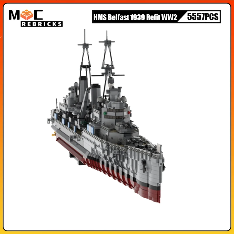 WW2 Normandy Landings Royal Navy HMS Belfast Refit Warship Model Collector Kit MOC Building Blocks Boat Technology Bricks Toys