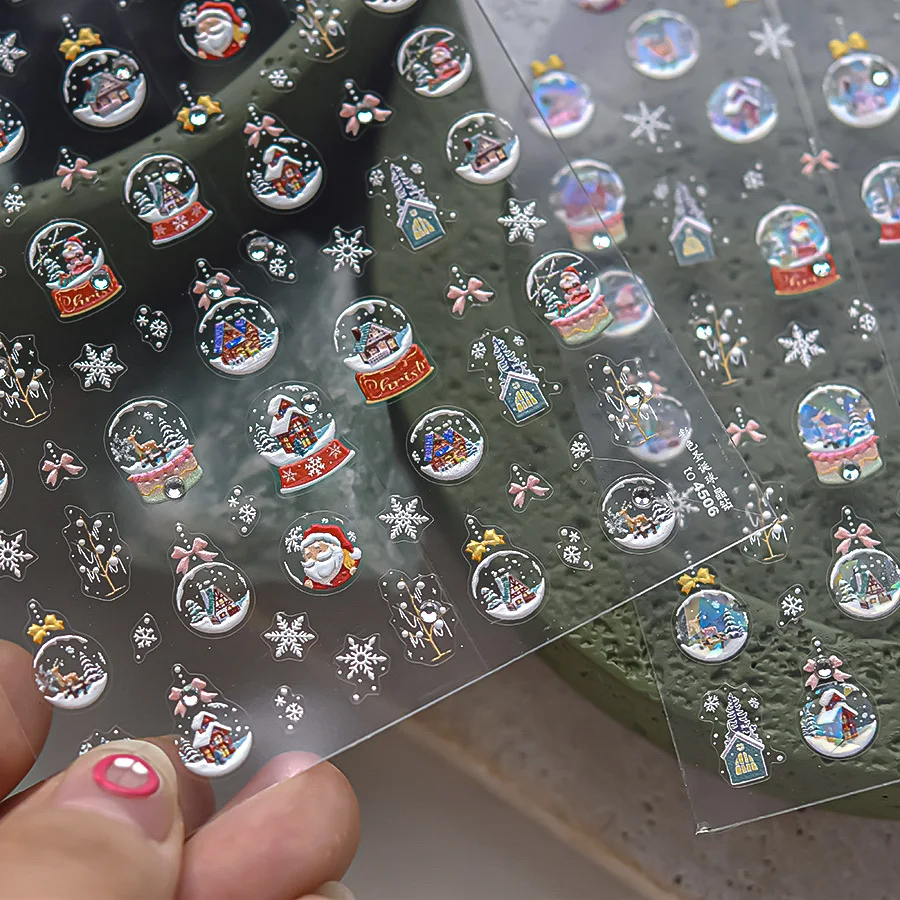 5D 겨울 눈사람 네일 스티커, 크리스마스 트리, 산타 클로스 디자인, 크리스탈 공, 하얀 눈덩이, 활 눈송이 집