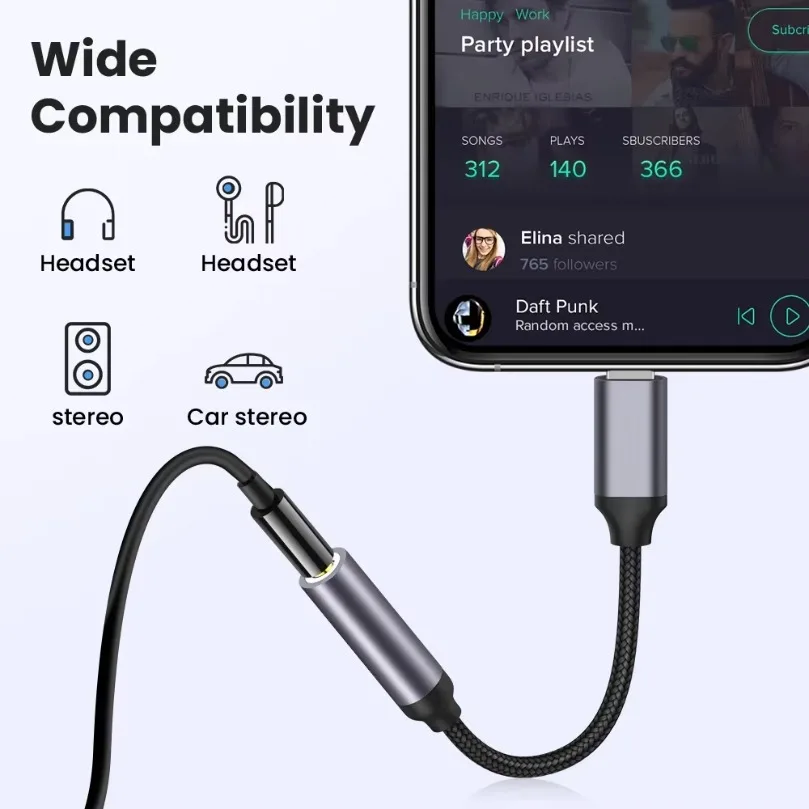 Audio Transfer Connector 8-Pin to 3.5mm Headphone Jack Conversion Cable for iPhone 14 13 12 11 Headset Speaker