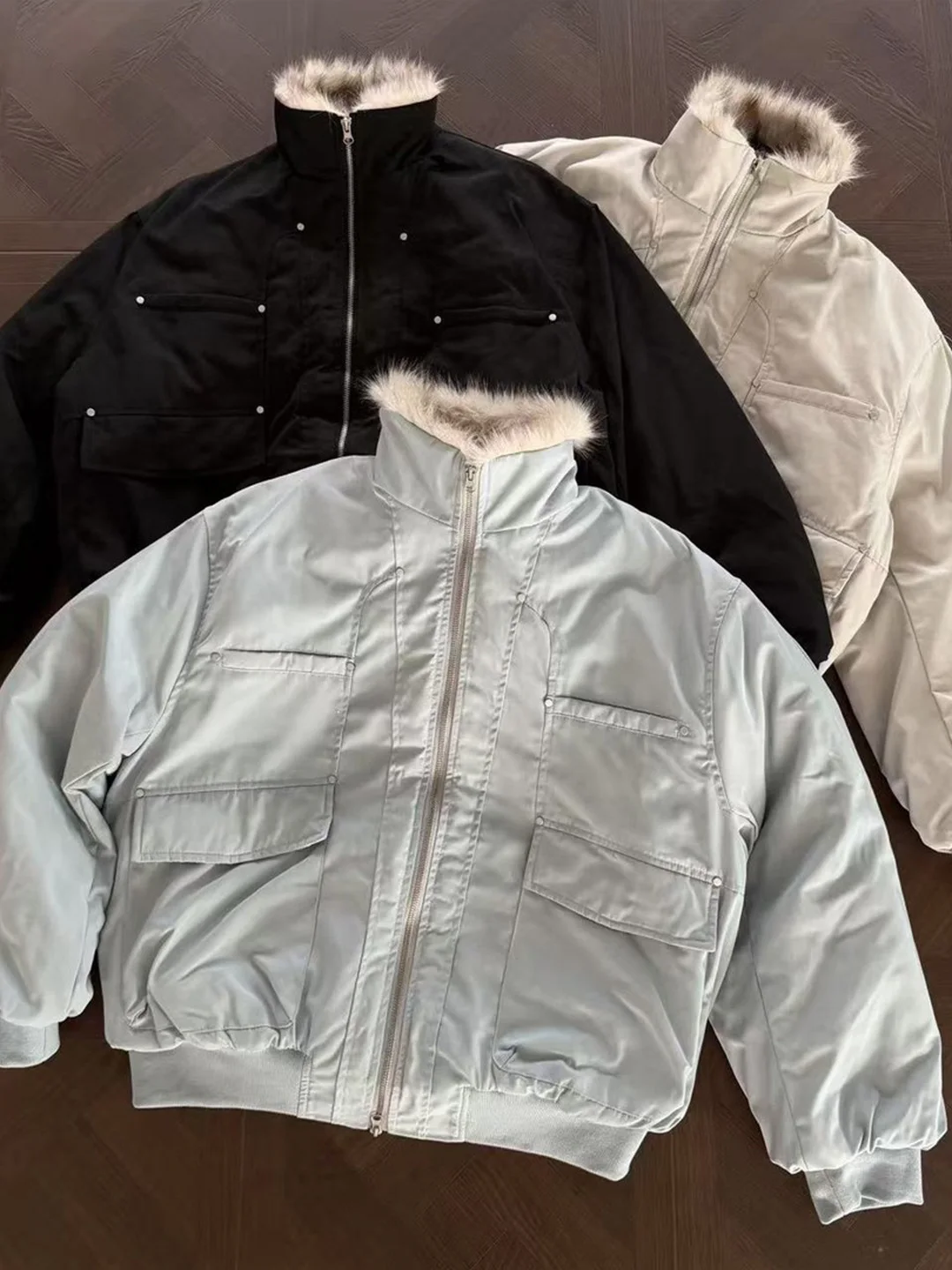 

Retro American Mink Fur Collar Workwear Jaet Men's Trendy Brand Winter Stand Collar Warm Cotton Workwear Outerwear