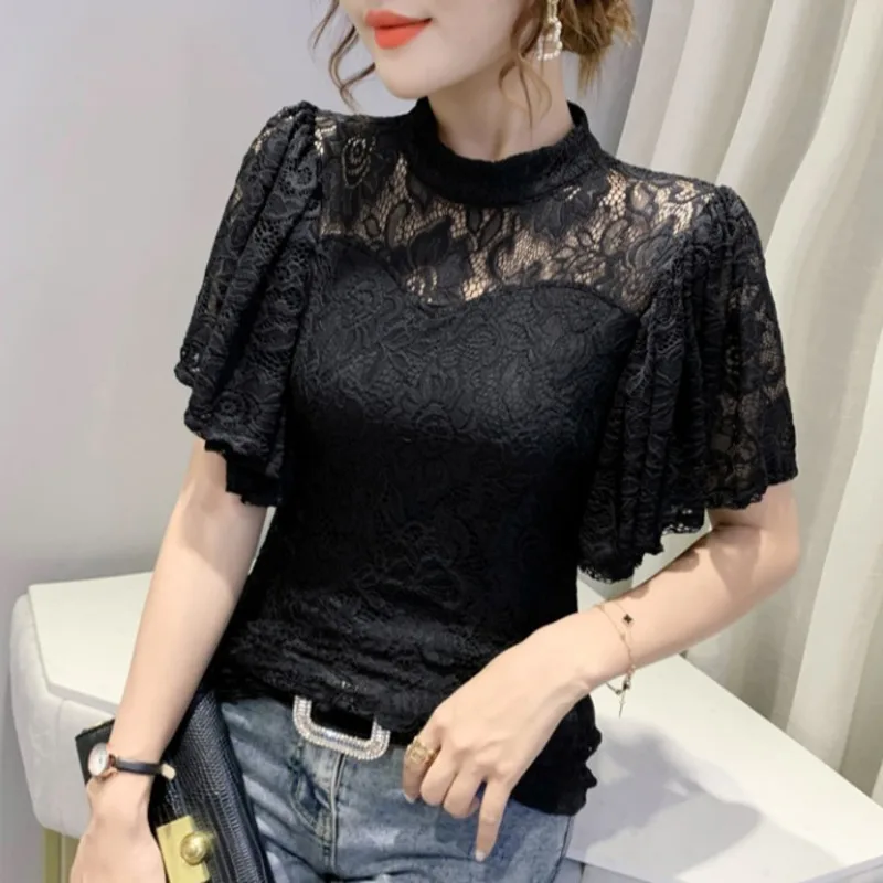 

Black White Pink Lace T Shirt Women Stand Collar Perspective Women's T-shirt Flare Sleeve Women's Tee Shirt Sexy Summer 969RE