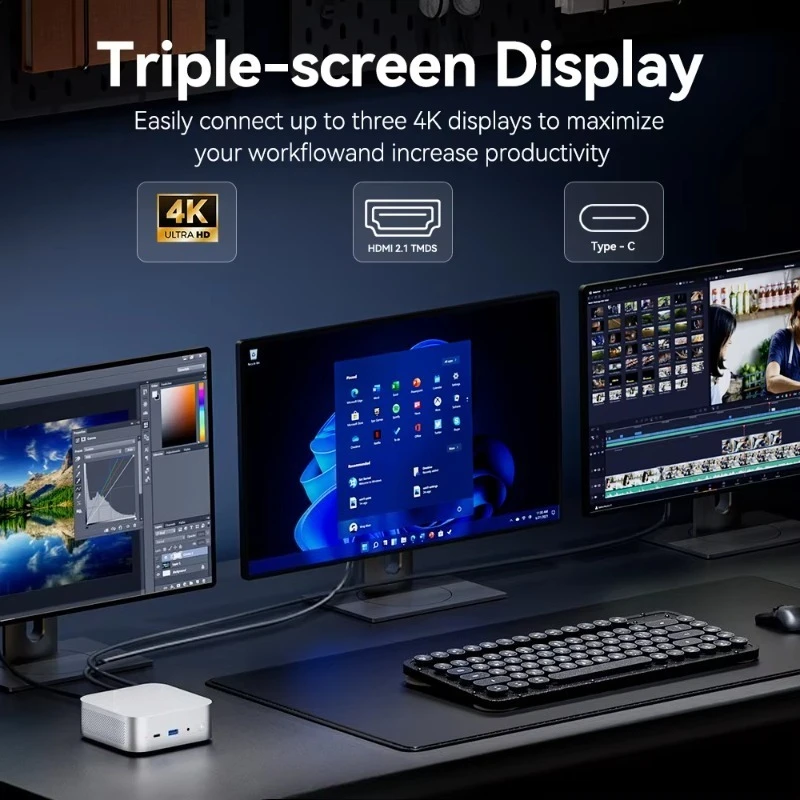 Ryzen 7 8745HS Mini PC, Triple 4K Display ( 2.1, Type-C), WiFi 6, BT 5.2, USB 3.2