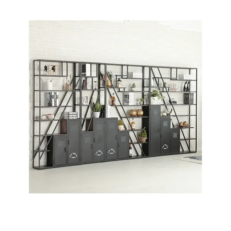 for Wrought Iron Screen Partition Rack Floor to Ceiling Industrial Style Entrance Bookshelf Retro Locker Loft Office American
