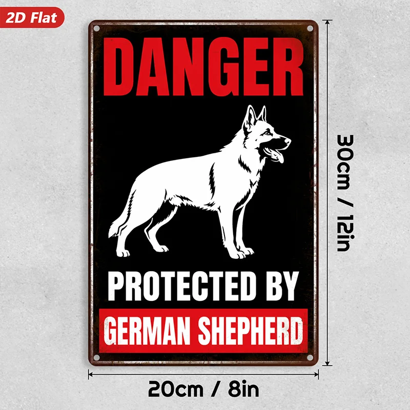 2D Flat, 1pc Guard Dog Warning Metal Sign Wall Art, Danger Warning Text, White German Shepherd Illustration, Home Decor,