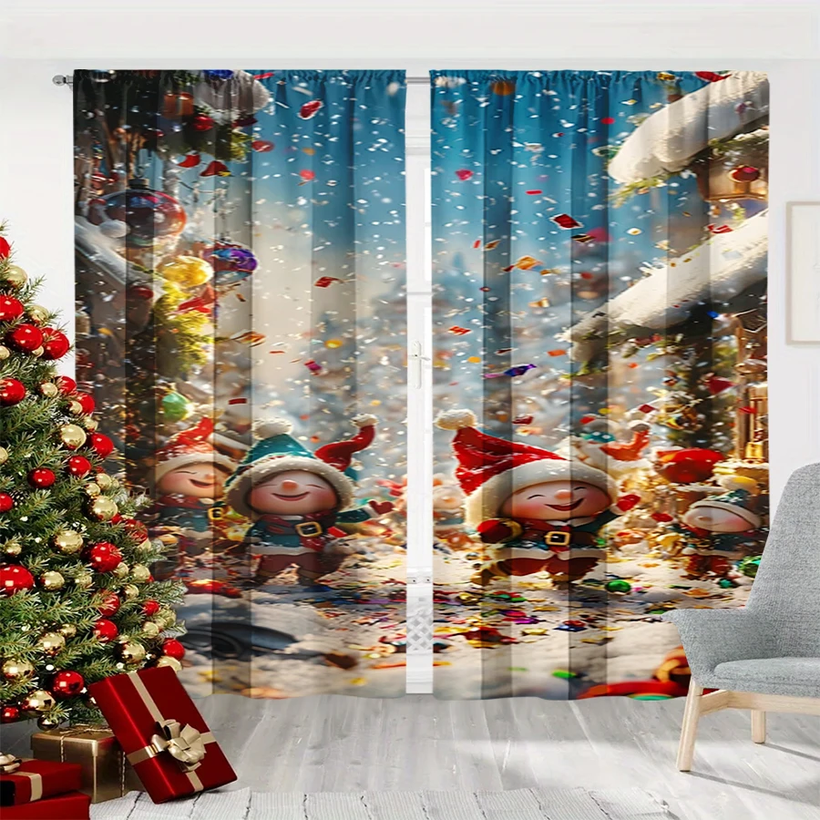 2PCS Digital Print Curtain, Cute Christmas Elves in Snowy Street with Confetti and Ornaments, Festive Fun, for Window Home Decor