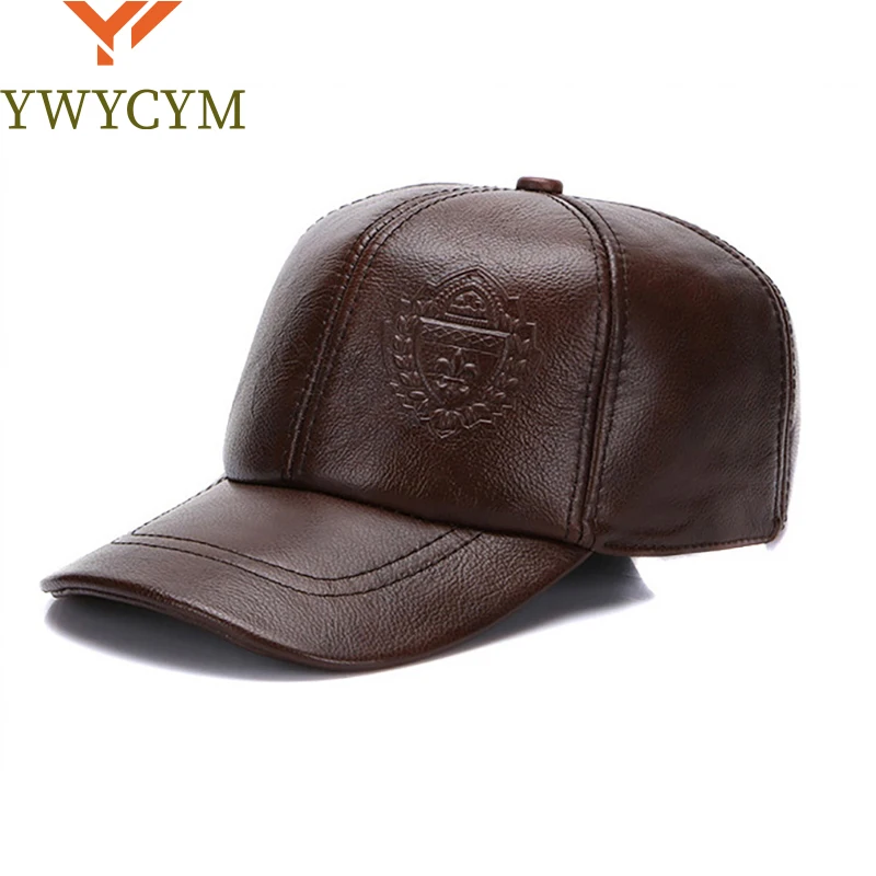 Male Fall Winter Genuine Real Cow Leather Baseball Hats New Men Casual Real Leather Earflap Cap Men Real Cowhide Leather Caps