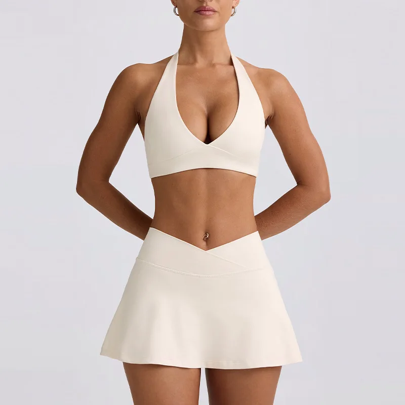 Anti-Shock Halter Neck Two-Piece Set Buttery Soft 4-Way Stretch Tennis Skort Quick-Dry Yoga Fitness for Women