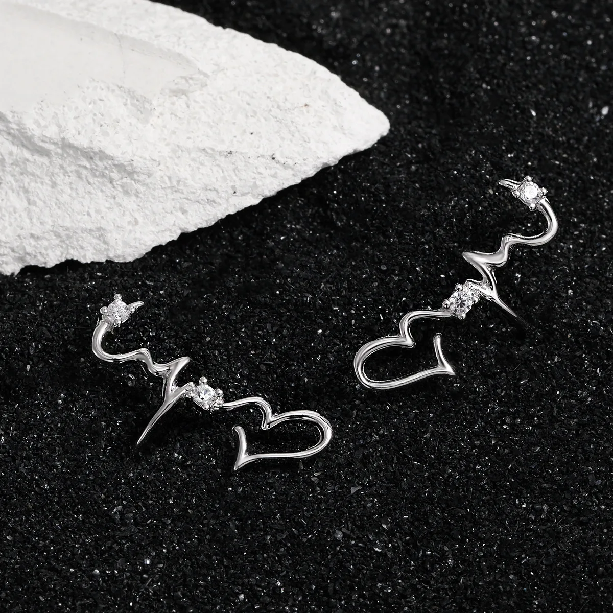 F.I.N.S Electrocardiogram S925 Sterling Silver Stud Earrings For Women Irregular Lines Heart  Zircon Piercing Ear Studs Jewelry