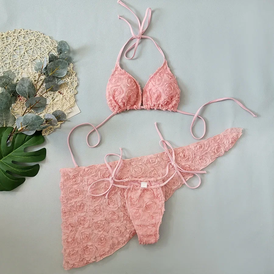 Sexy Pink Mesh Flower String Halter Micro Mini Bikinis Sets 3pcs with Cover Skirt Swimwear Swimsuit Bathing Suit Biquini Tankini