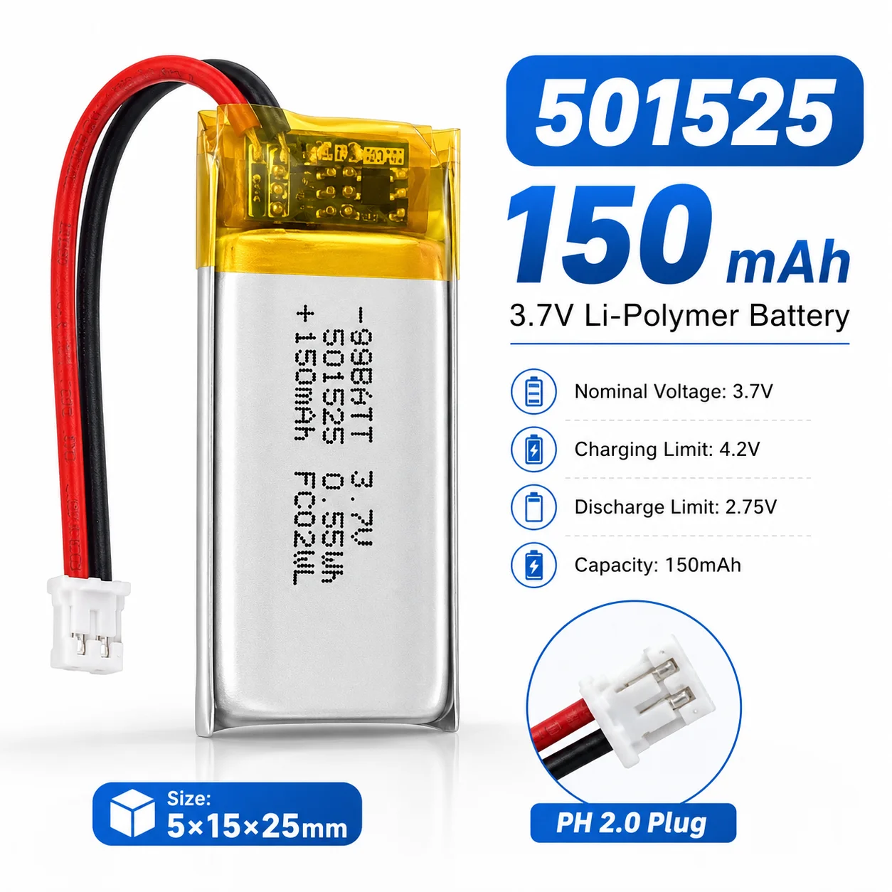 Lithium Polymer Battery 501525 3.7V 150mAh LiPo Replacement Cell For Bluetooth Headset LED Light Microphone Recorder
