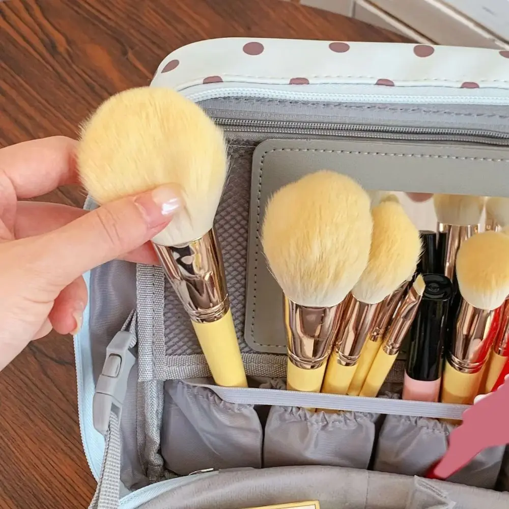 Polka Dot Handheld Makeup Bags Foldable Multi-Partition Cosmetics Organizer Waterproof with Mirror Travel Wash Pack
